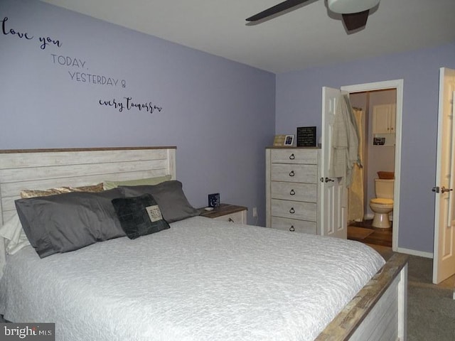 bedroom featuring connected bathroom and ceiling fan