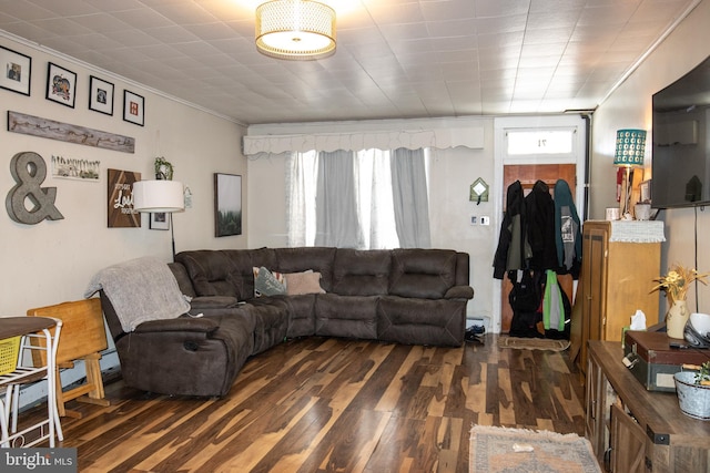 living room featuring crown molding, dark wood-type flooring, and a wealth of natural light