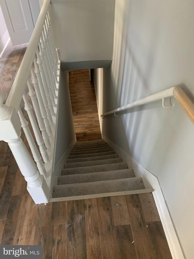 stairway with hardwood / wood-style flooring