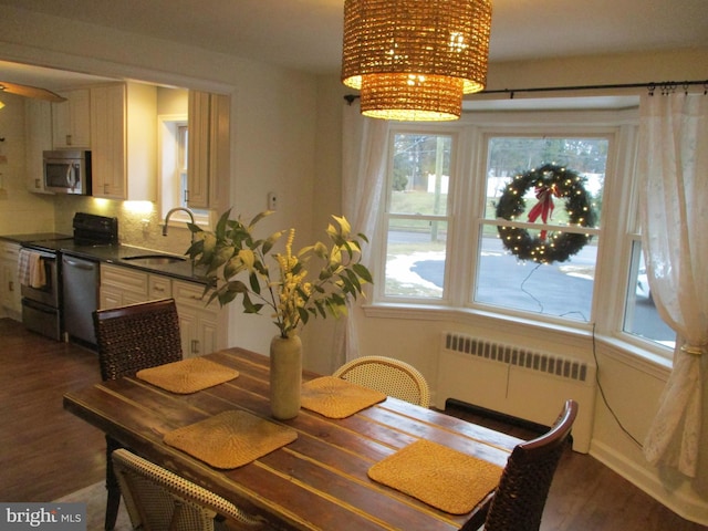 dining room with dark wood-type flooring, sink, radiator, and a healthy amount of sunlight