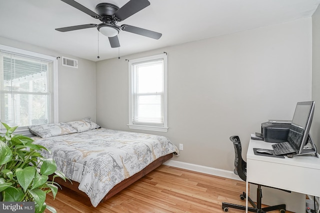 bedroom with hardwood / wood-style flooring and ceiling fan