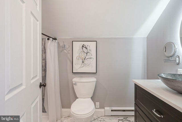 bathroom with lofted ceiling, a baseboard heating unit, vanity, toilet, and walk in shower