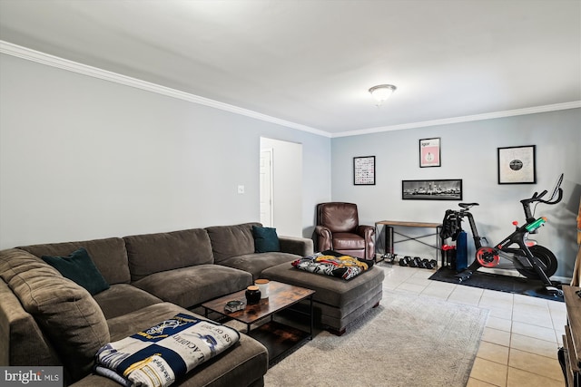 living room featuring crown molding and light tile patterned floors