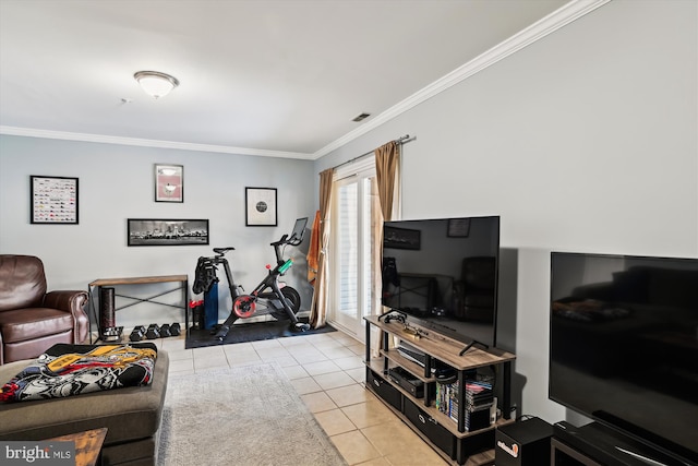 tiled living room featuring crown molding