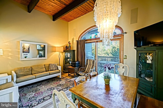 dining room with high vaulted ceiling, beamed ceiling, wood-type flooring, wood ceiling, and an inviting chandelier