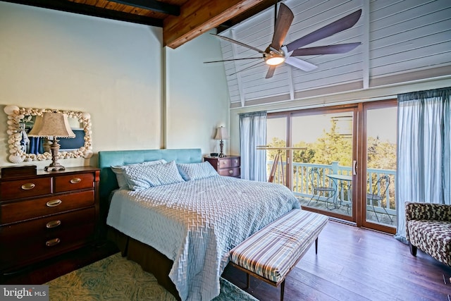 bedroom with wood ceiling, light hardwood / wood-style flooring, ceiling fan, access to exterior, and vaulted ceiling with beams