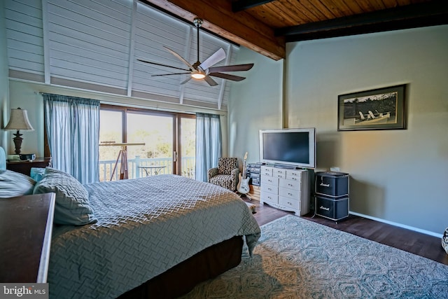 bedroom with beamed ceiling, dark hardwood / wood-style flooring, access to outside, ceiling fan, and wooden ceiling