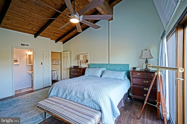 bedroom with dark wood-type flooring, ensuite bath, wooden ceiling, ceiling fan, and beam ceiling