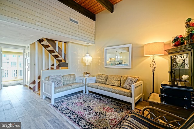 living room featuring wood ceiling, beam ceiling, and hardwood / wood-style floors