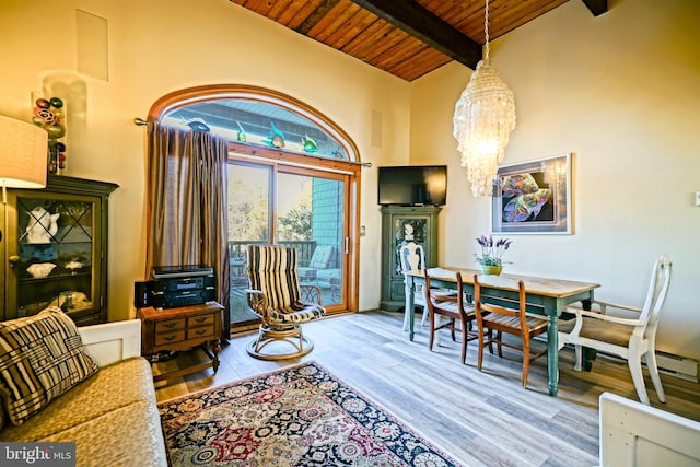 living room featuring hardwood / wood-style floors, high vaulted ceiling, beam ceiling, wooden ceiling, and an inviting chandelier