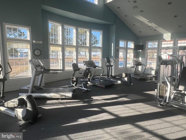 workout area with a high ceiling and a healthy amount of sunlight