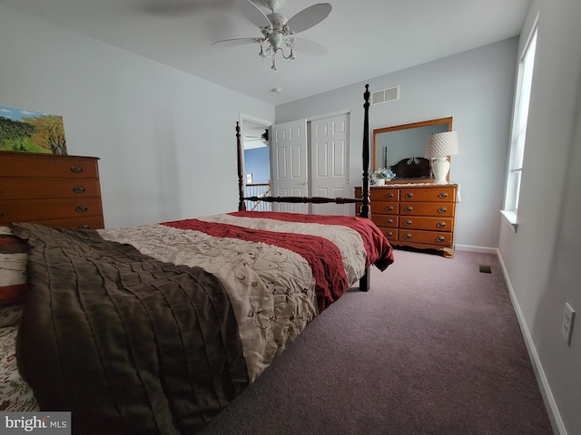 bedroom featuring carpet flooring, ceiling fan, and a closet