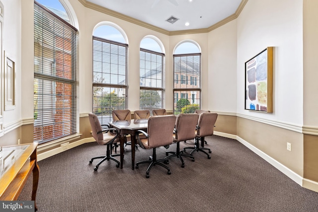 office area featuring ornamental molding, plenty of natural light, and carpet flooring