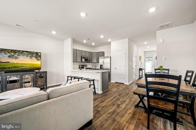 living room with dark hardwood / wood-style floors