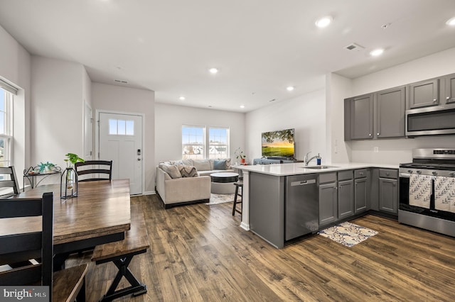 kitchen with stainless steel appliances, sink, dark hardwood / wood-style floors, kitchen peninsula, and gray cabinetry