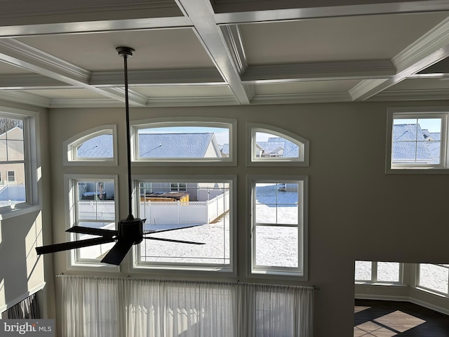 details with beam ceiling, ornamental molding, and coffered ceiling