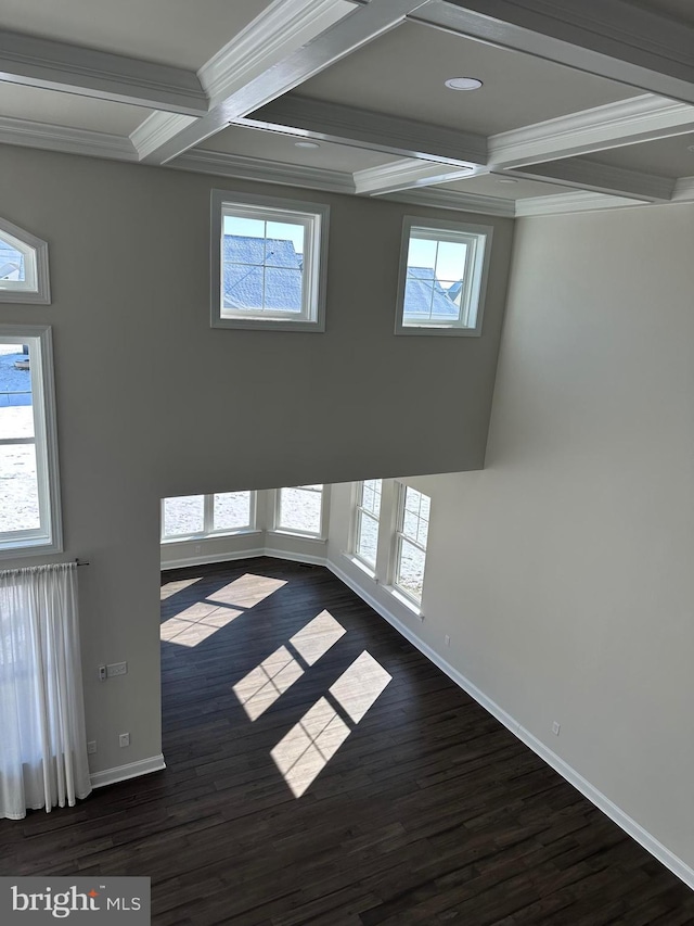 empty room featuring crown molding, coffered ceiling, dark hardwood / wood-style floors, and beam ceiling