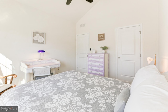 bedroom featuring high vaulted ceiling and ceiling fan