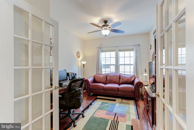 interior space featuring hardwood / wood-style flooring, ceiling fan, and french doors