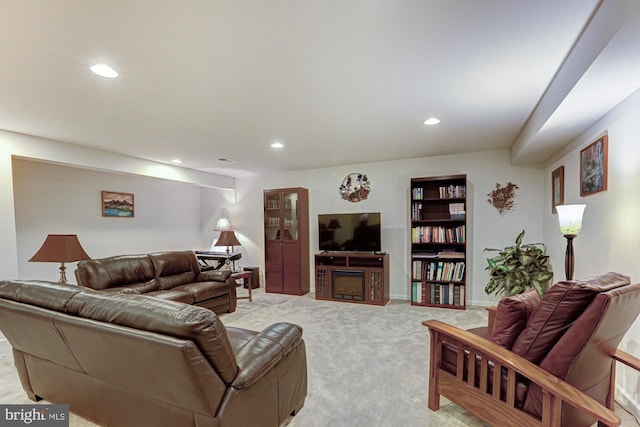 living room with light colored carpet