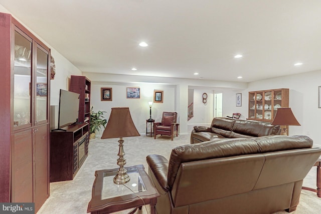 living room with light colored carpet