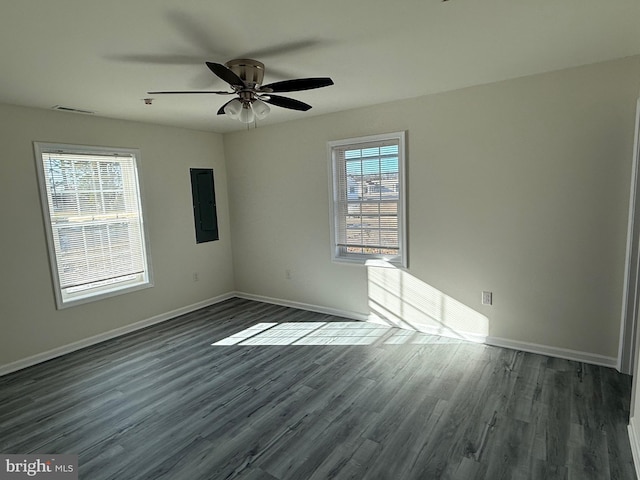 spare room featuring ceiling fan and dark hardwood / wood-style flooring