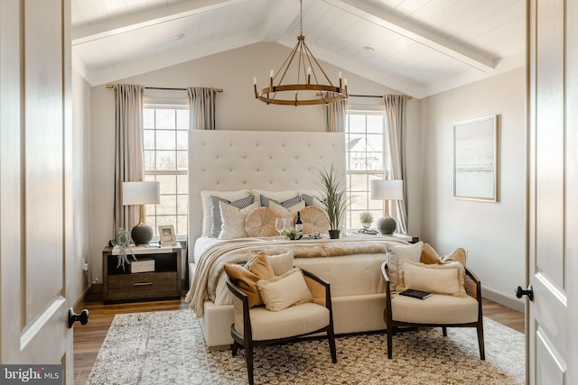 bedroom featuring lofted ceiling with beams and wood-type flooring