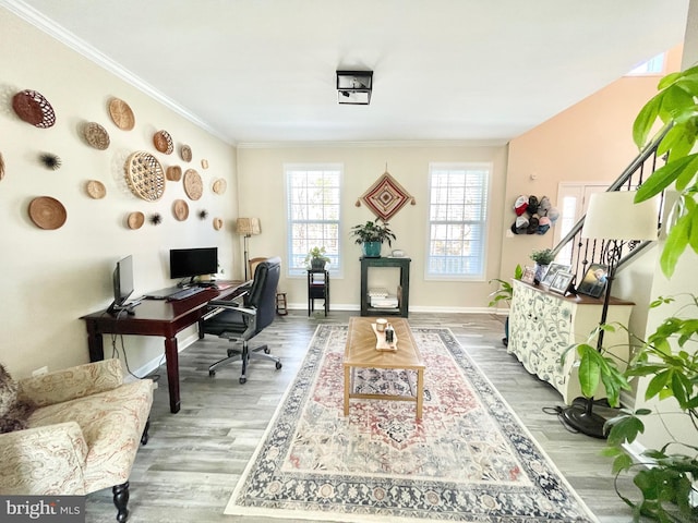 office area featuring crown molding and hardwood / wood-style floors