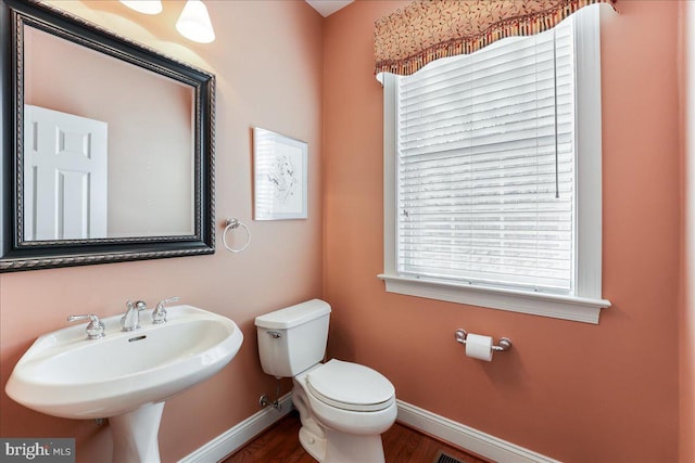 bathroom with sink, wood-type flooring, and toilet