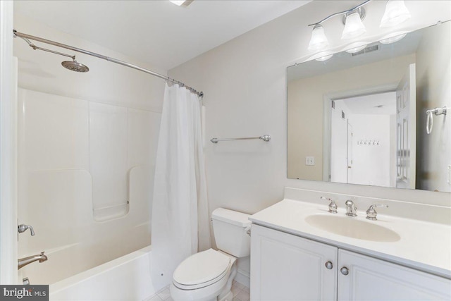 full bathroom with toilet, vanity, and shower / tub combo with curtain