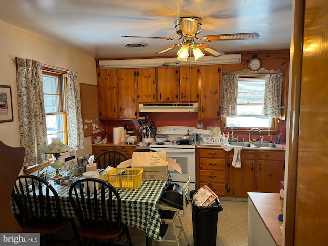 kitchen with ceiling fan, electric stove, and sink