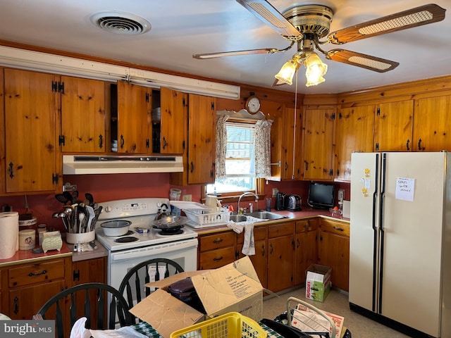 kitchen featuring sink, ceiling fan, and white appliances