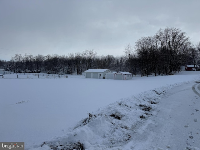 yard covered in snow with a garage