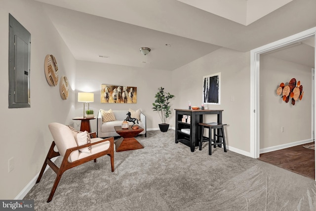 living room with carpet and electric panel