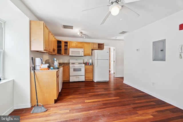 kitchen with electric panel, ceiling fan, white appliances, and dark hardwood / wood-style flooring