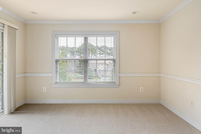 unfurnished room with light carpet and ornamental molding