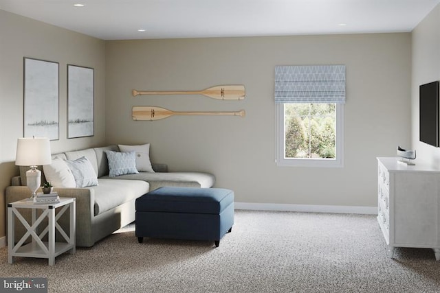 living area featuring light colored carpet