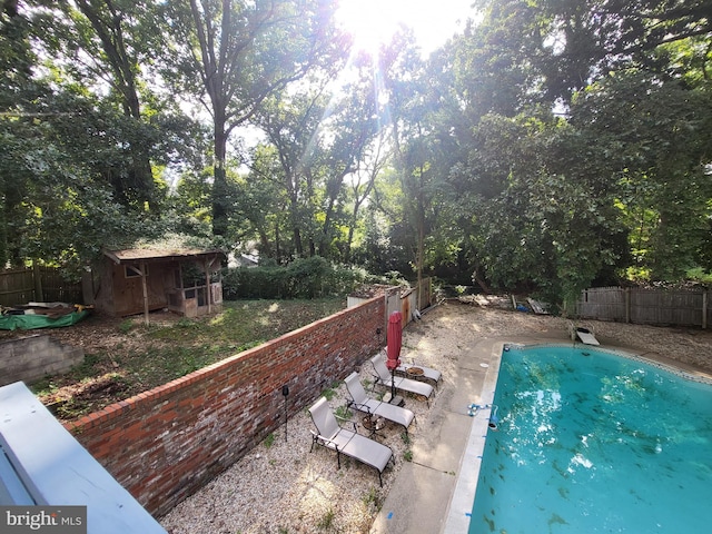 view of swimming pool with a storage unit