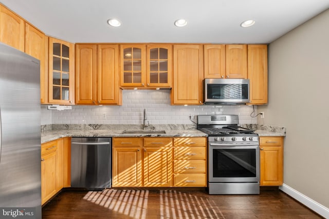 kitchen with tasteful backsplash, dark hardwood / wood-style floors, sink, light stone countertops, and appliances with stainless steel finishes