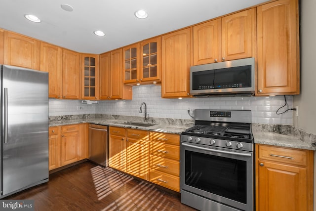 kitchen with light stone countertops, stainless steel appliances, dark hardwood / wood-style floors, and sink