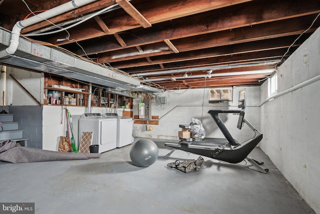 basement with electric panel and washer and dryer