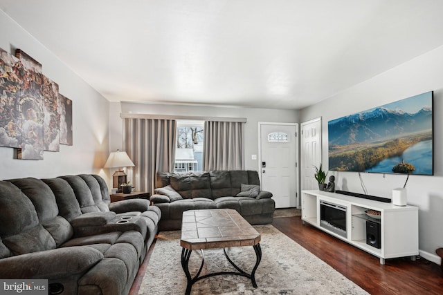 living room with dark wood-type flooring