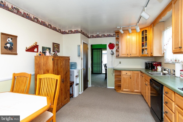 kitchen with light colored carpet, light brown cabinets, black dishwasher, and sink