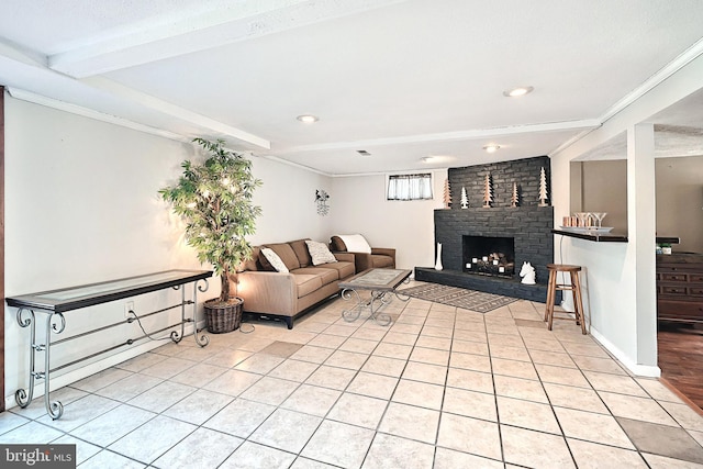 unfurnished living room with beam ceiling, recessed lighting, a fireplace, light tile patterned floors, and baseboards