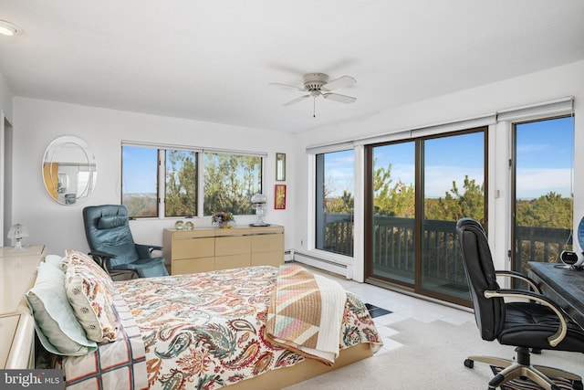 bedroom with baseboard heating, ceiling fan, access to exterior, and multiple windows