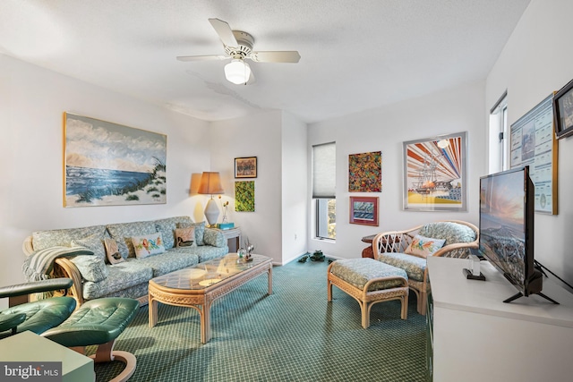 carpeted living room featuring ceiling fan