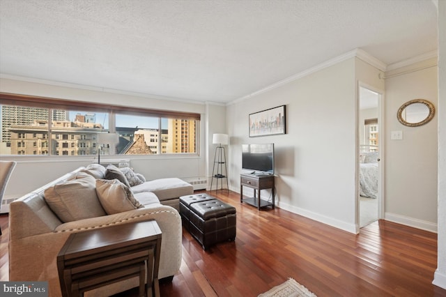 living room with dark wood-type flooring, crown molding, and plenty of natural light