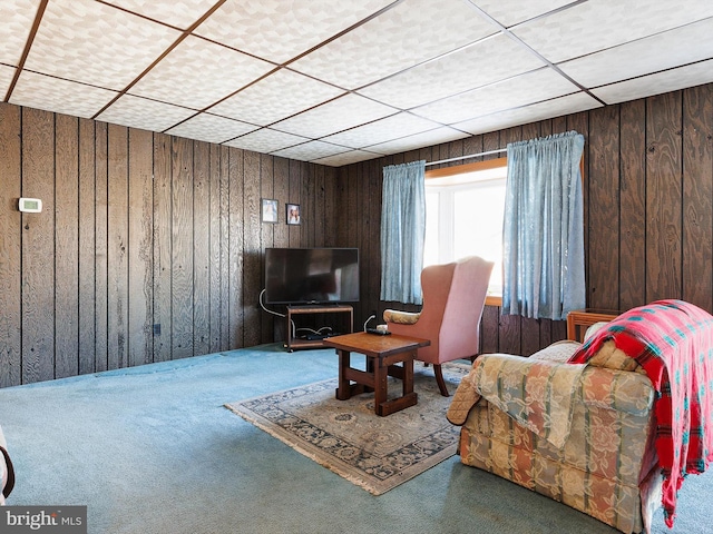 sitting room featuring wooden walls and carpet