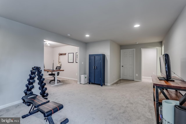 exercise area featuring light carpet