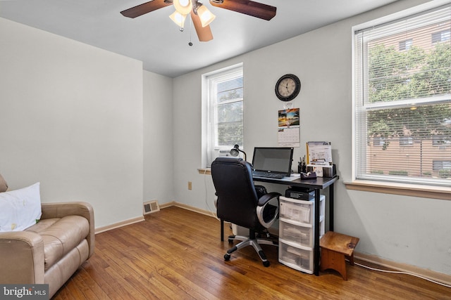 home office featuring ceiling fan and wood-type flooring